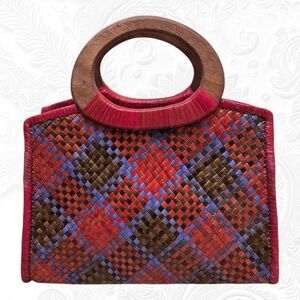 Handmade Woven Pandan Leaves Multicolor Hand Bag with Wooden Handles, Mini